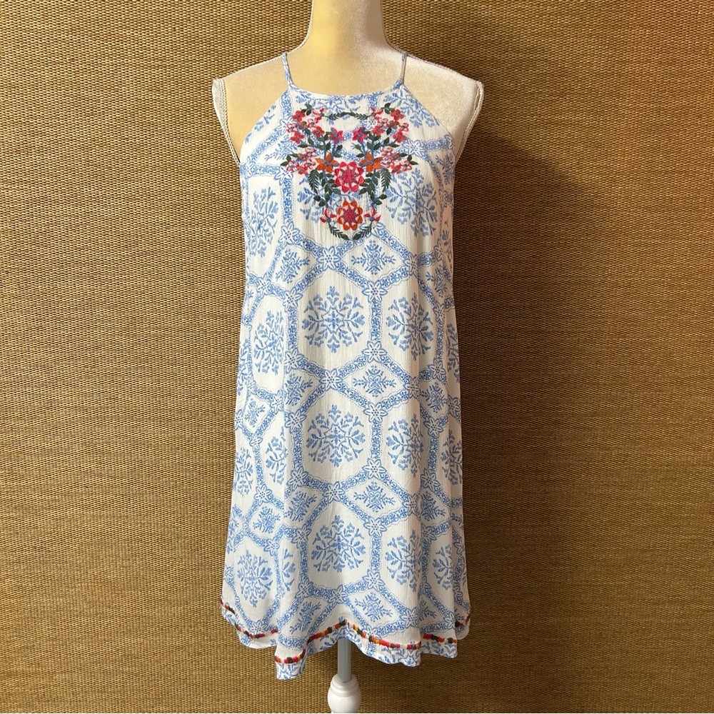 THML Dress Womens Medium Blue White Multicolor Floral Embroidery